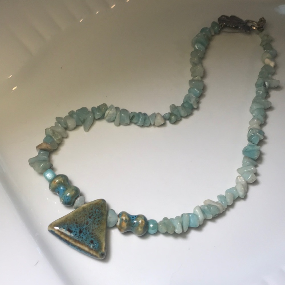 Handmade pale aqua/green/brown natural stone necklace w/stoneware pendant